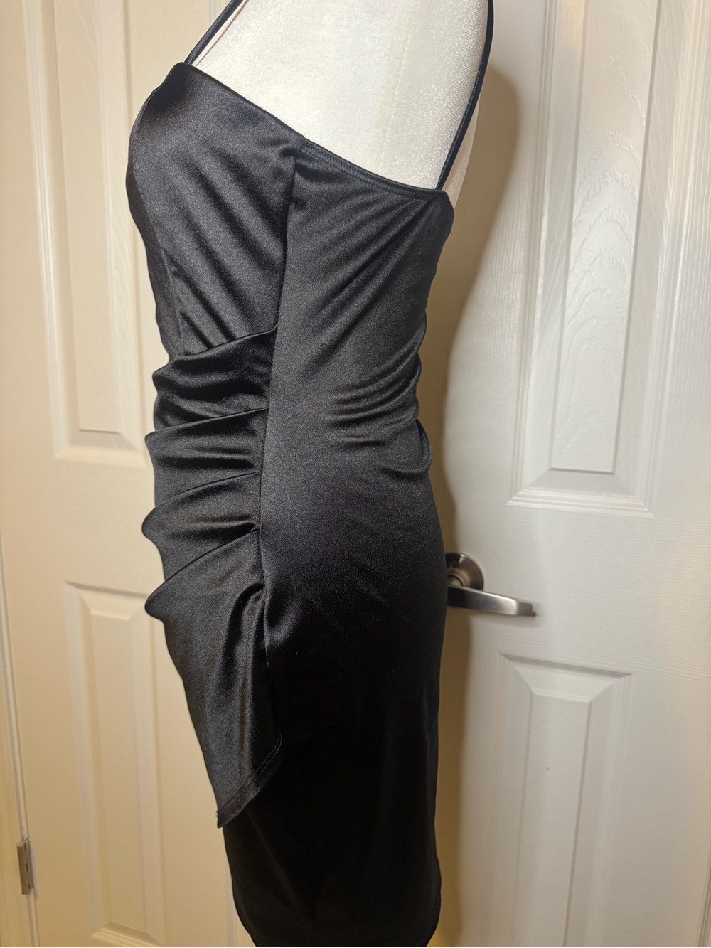 Windsor Black Satin Ruched Bodycon Mini Dress Spaghetti Strap Party Dress - Picture 5 of 7